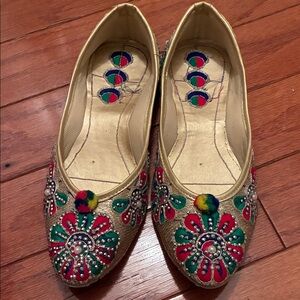 Embroidered Gold Flats with Multicolor Floral Design